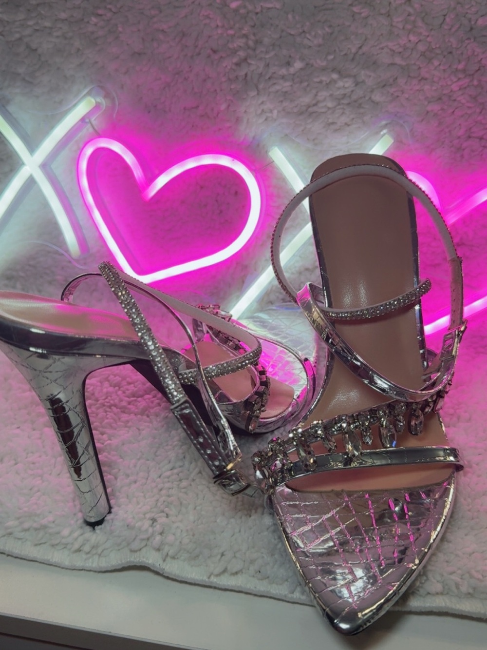 SHEIN Silver Crystal Embellished Strappy Stiletto Heels